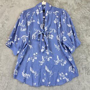 Ann Taylor Shirt Womens Large Blue White Floral Print Bow Blouse Top 3/4 Sleeve